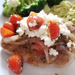 Pork Chops with Fresh Tomato, Onion, Garlic, and Feta