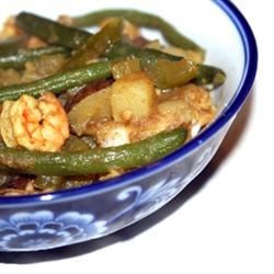 Trinidad-Style Curried Potatoes (Aloo) with Green Beans and Shrimp