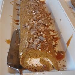 Pumpkin Roll with Toffee Cream Filling and Caramel Sauce