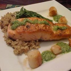 Pan Seared Salmon and Scallops with Macadamia-Cilantro Pesto