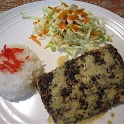 Sesame Crusted Mahi Mahi with Soy Shiso Ginger Butter Sauce Recipe - Mahi mahi fillets are encrusted with black and white sesame seeds, and pan seared. The sauce is rich and creamy, and flavored with soy, ginger, shallots, and shiso (a Japanese herb related to basil and mint).