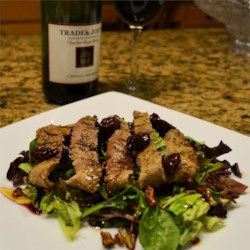 Grilled Peppercorn Steak and Caramelized Pecan Salad with Cabernet-Cherry Vinaigrette