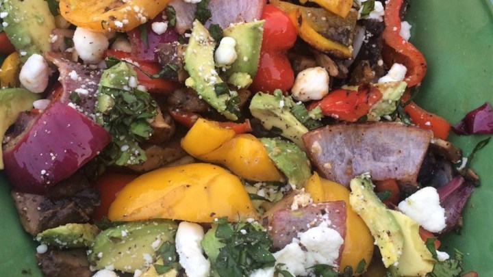 Great Grilled Smoky Vegetables with Avocado and Goat Cheese Crumbles