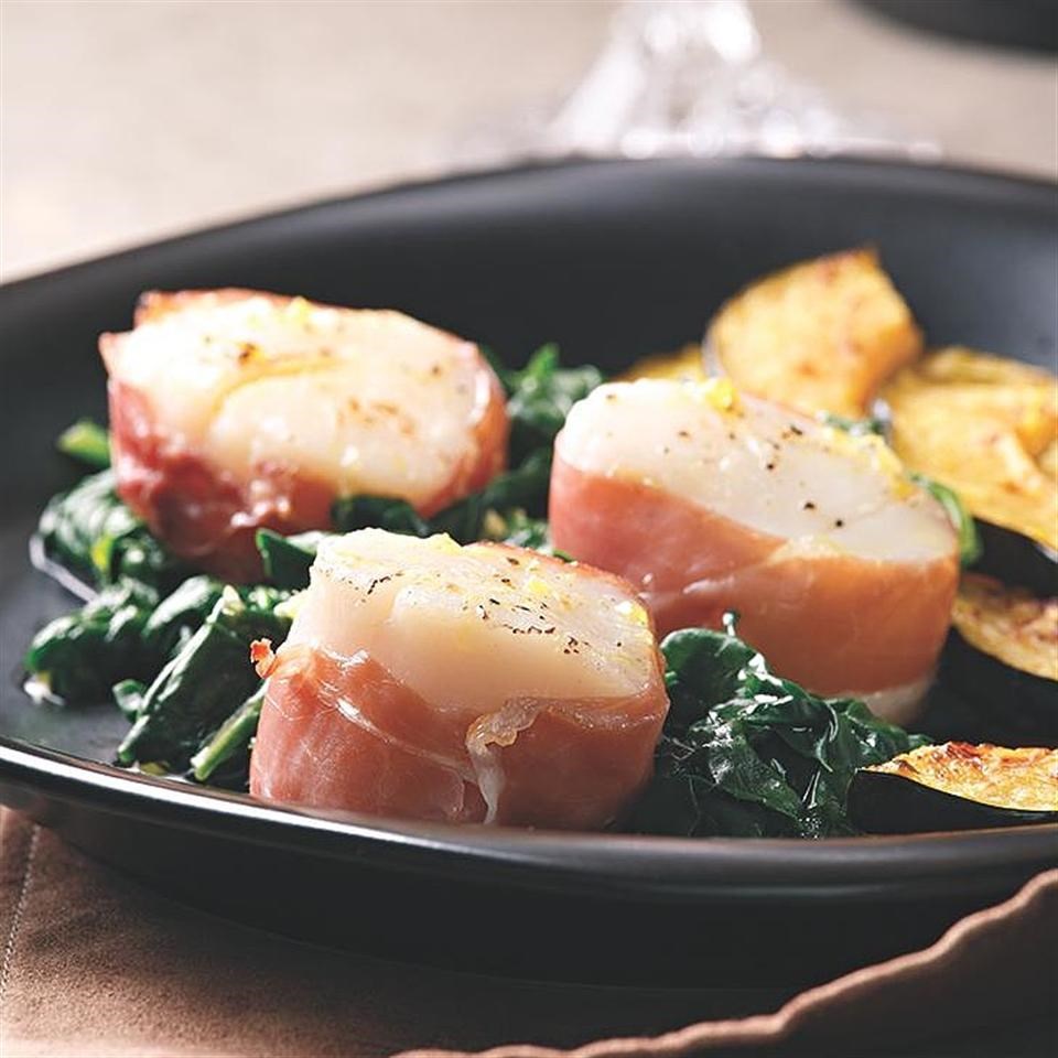 ProsciuttoWrapped Scallops with Spinach Recipe EatingWell