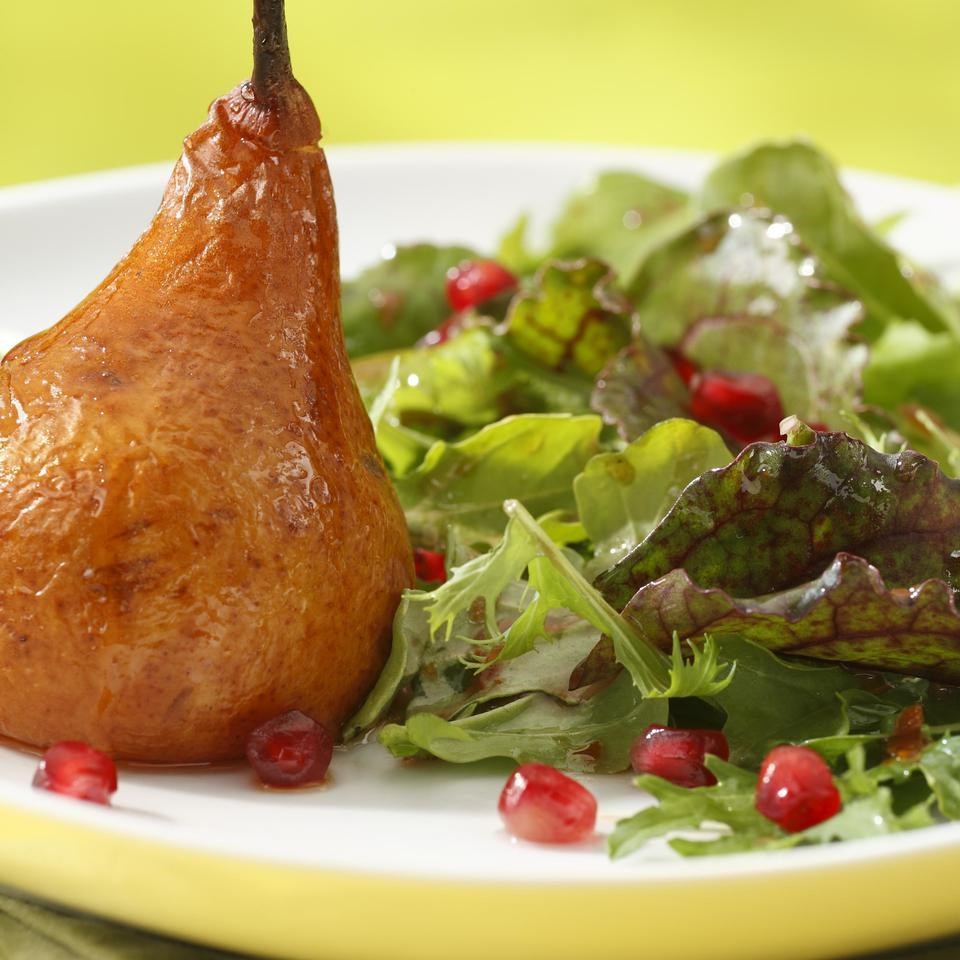 Roasted Pear And Arugula Salad With Pomegranate Chipotle Vinaigrette Recipe Eatingwell 