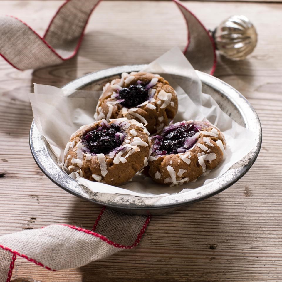 GingerbreadCoconut Thumbprint Cookies with Blueberry Jam
