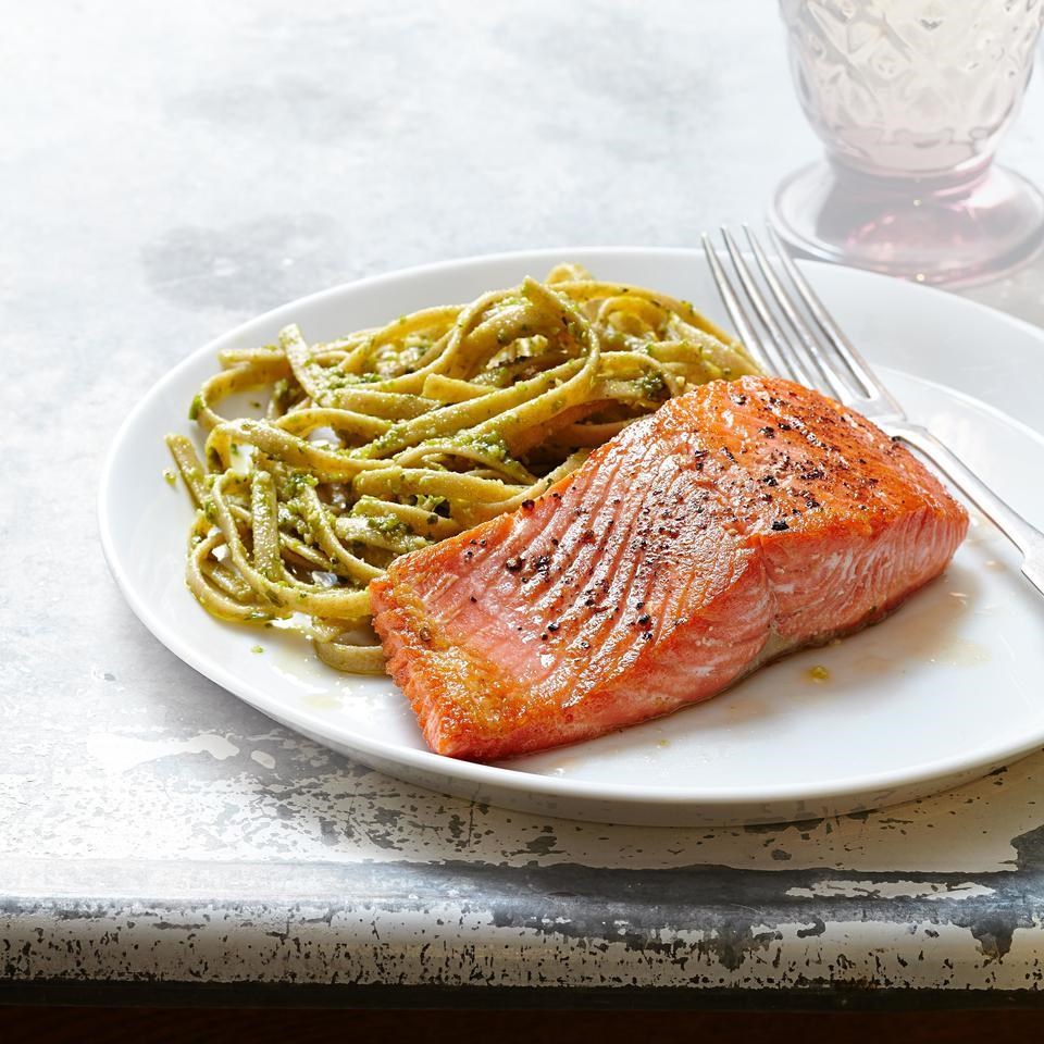 Seared Salmon with Pesto Fettuccine Recipe EatingWell