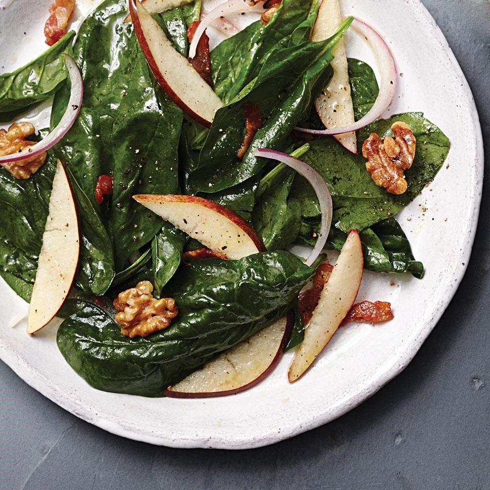 Warm Pear & Spinach Salad with Maple-Bacon Vinaigrette Recipe