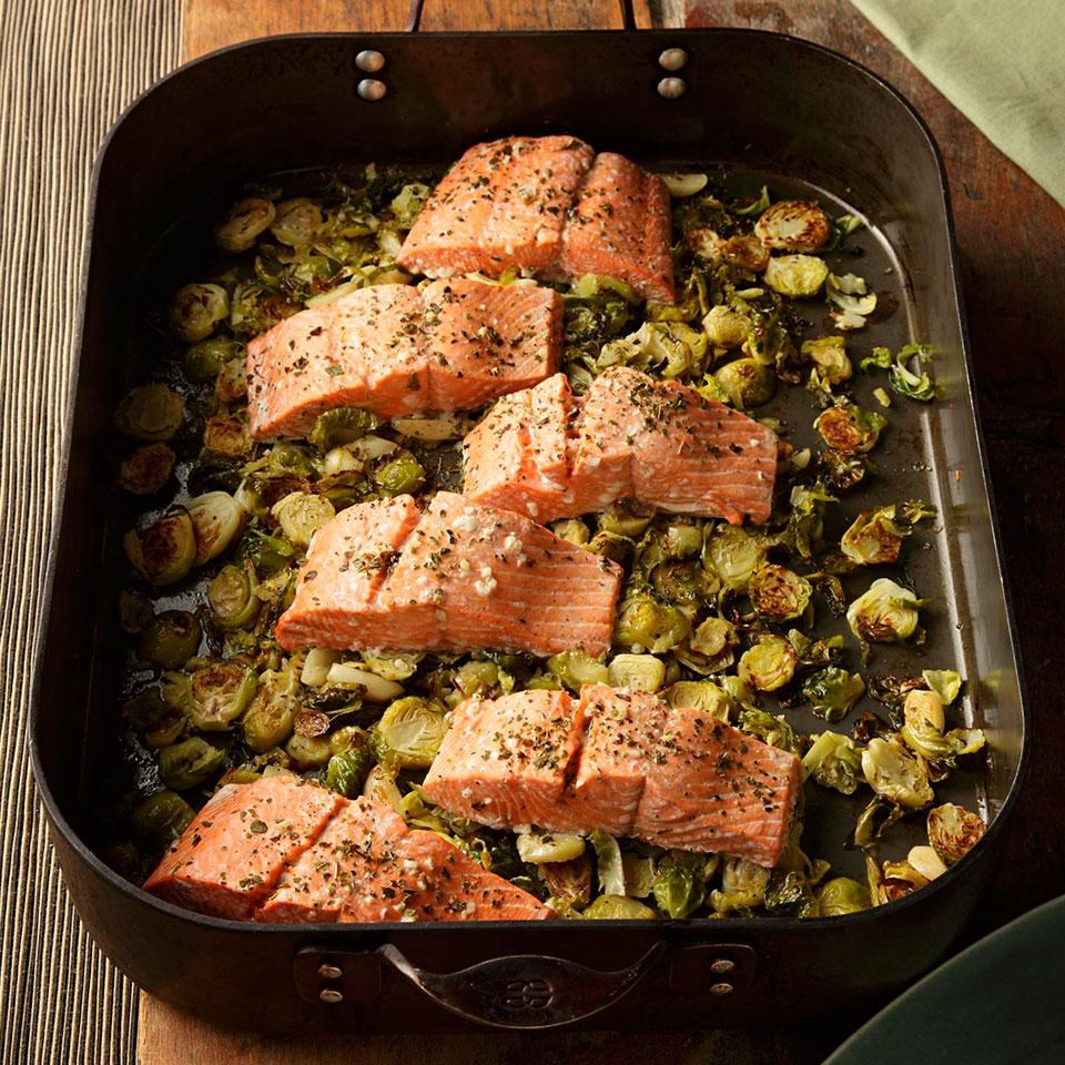 Garlic Roasted Salmon & Brussels Sprouts Recipe EatingWell