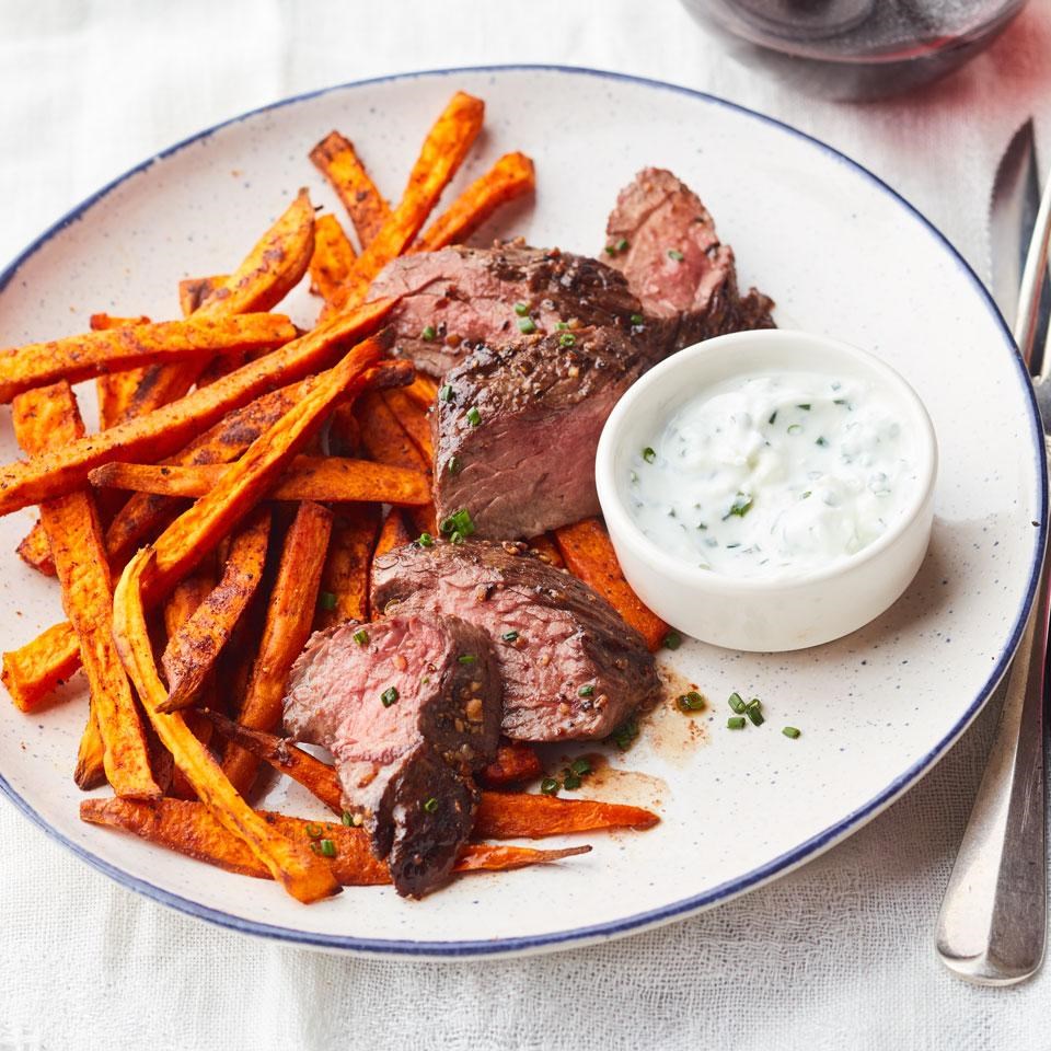 Montreal-Style Hanger Steak & Sweet Potato Frites Recipe - EatingWell