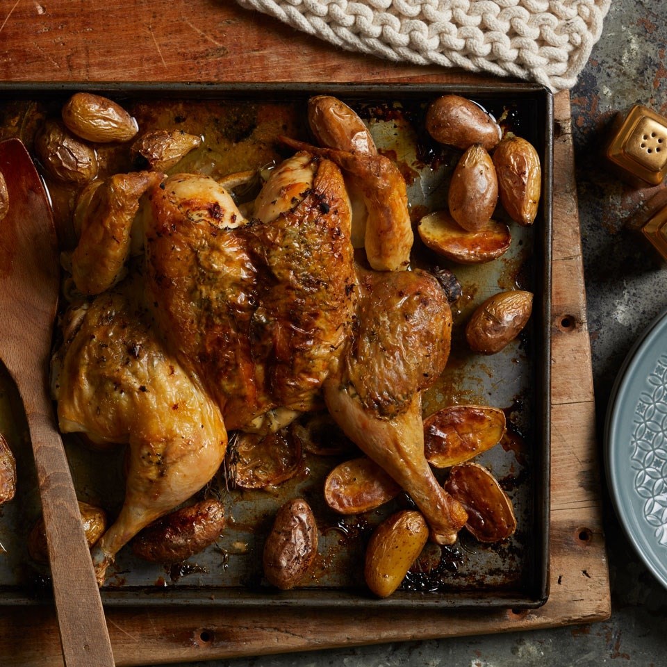 Lemon Herb Roasted Spatchcock Chicken And Potatoes Recipe Eatingwell