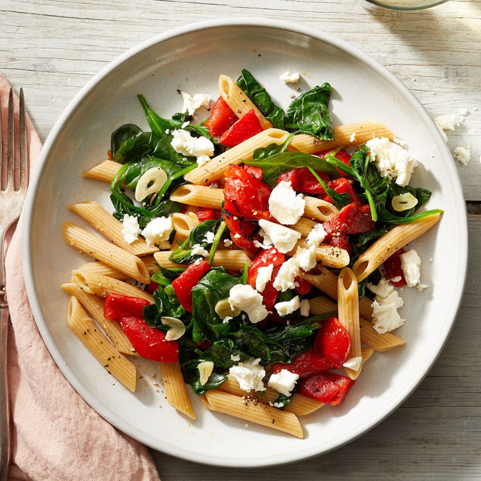 Roasted Red Pepper, Spinach &amp; Feta Penne Pasta Recipe - EatingWell