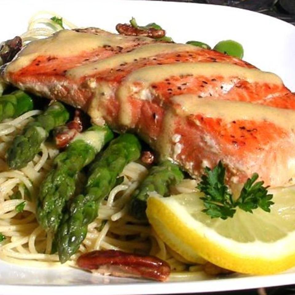 Salmon With Dijon Butter Sauce, Asparagus and Herb Butter Angel Hair Pasta image