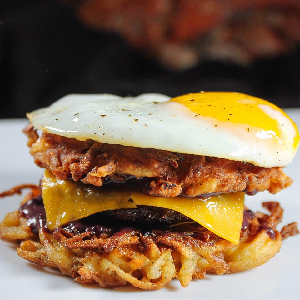 Latkes Breakfast Sandwiches with Blackberry-Yogurt Spread image