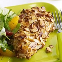 Almond orange crusted chicken with fennel arugula salad