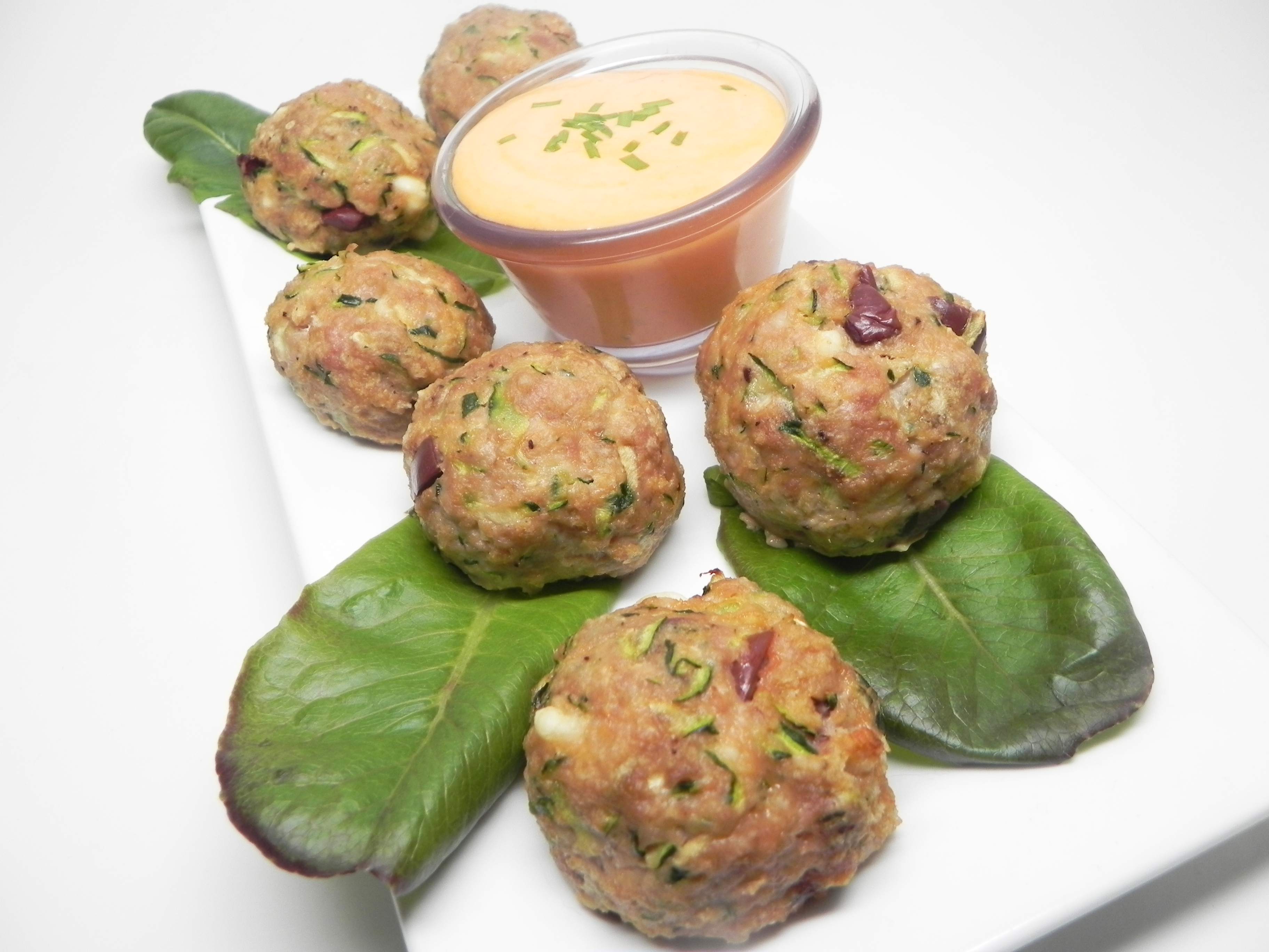 Turkey Zucchini Meatballs with Roasted Pepper Dipping Sauce image