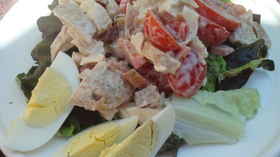 warm chicken, bacon, and egg salad with mayonnaise dressing