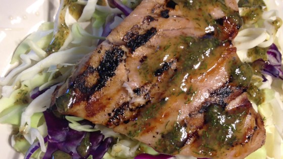 Grilled tuna steaks with dill sauce