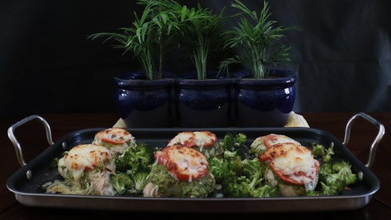 Sheet Pan Chicken with Mozzarella, Pesto, and Broccoli Recipe