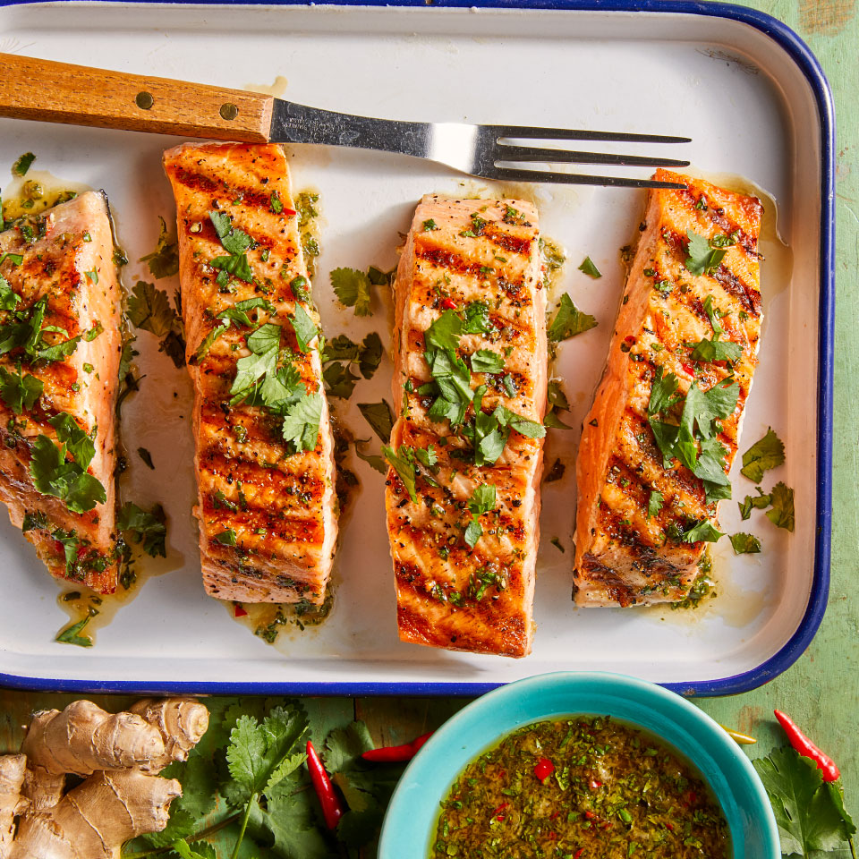 Grilled Salmon with Cilantro-Ginger Sauce Recipe | EatingWell