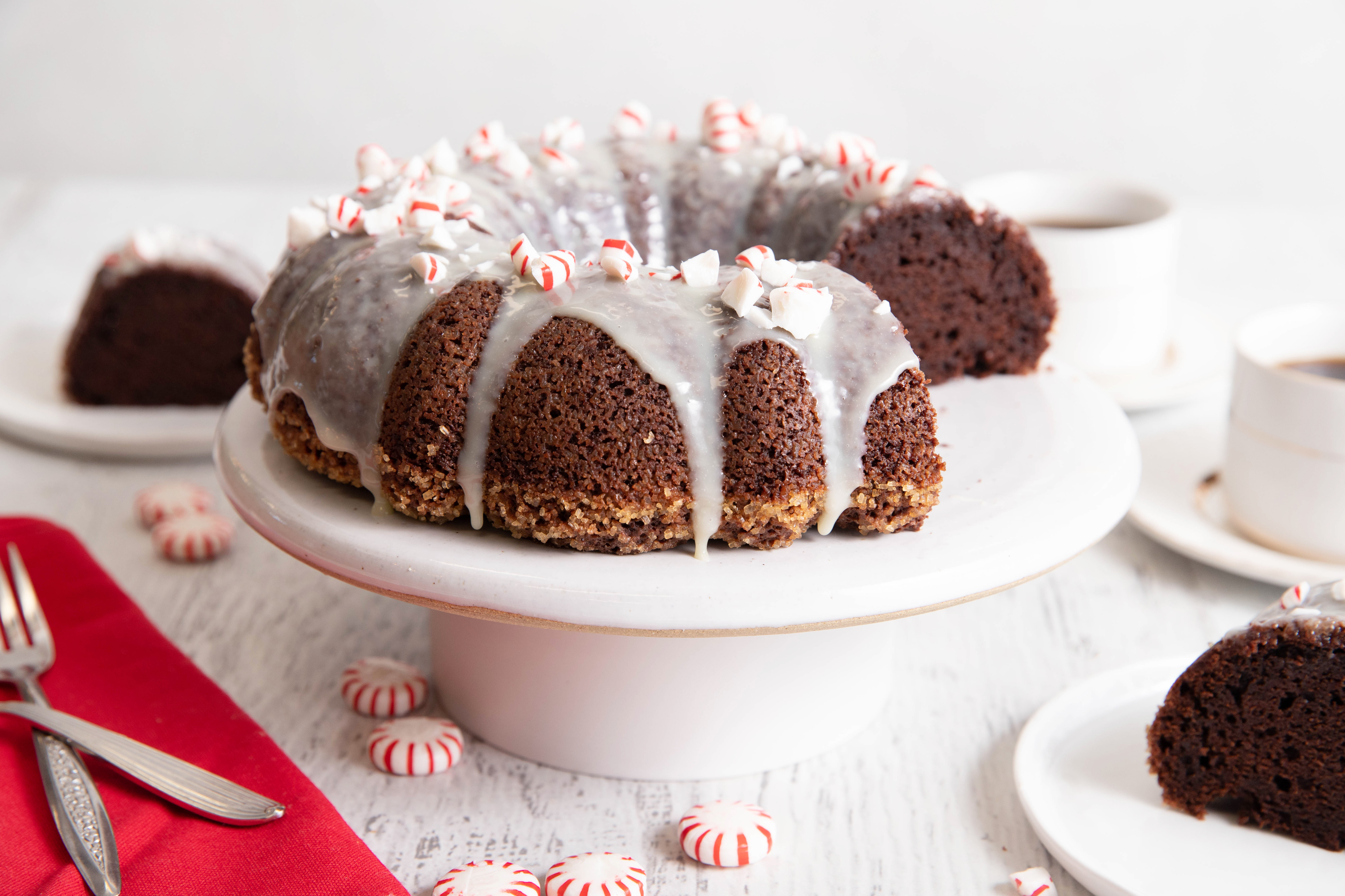 Reduced-Sugar Chocolate Bundt® Cake with Peppermint Glaze image