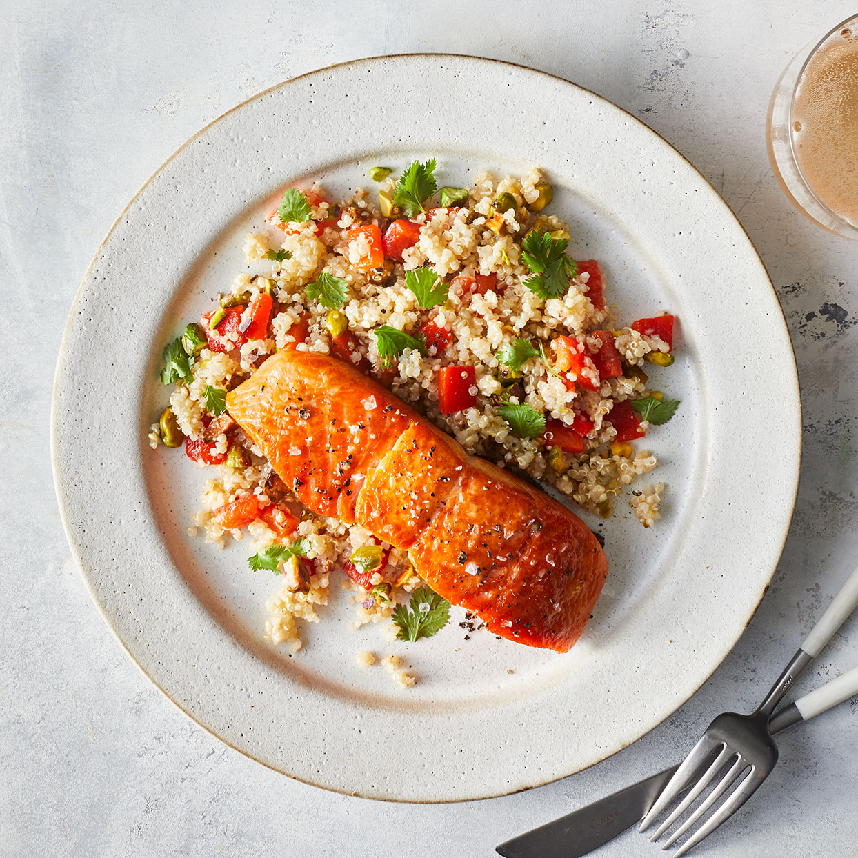 Salmon with Roasted Red Pepper Quinoa Salad Recipe | EatingWell