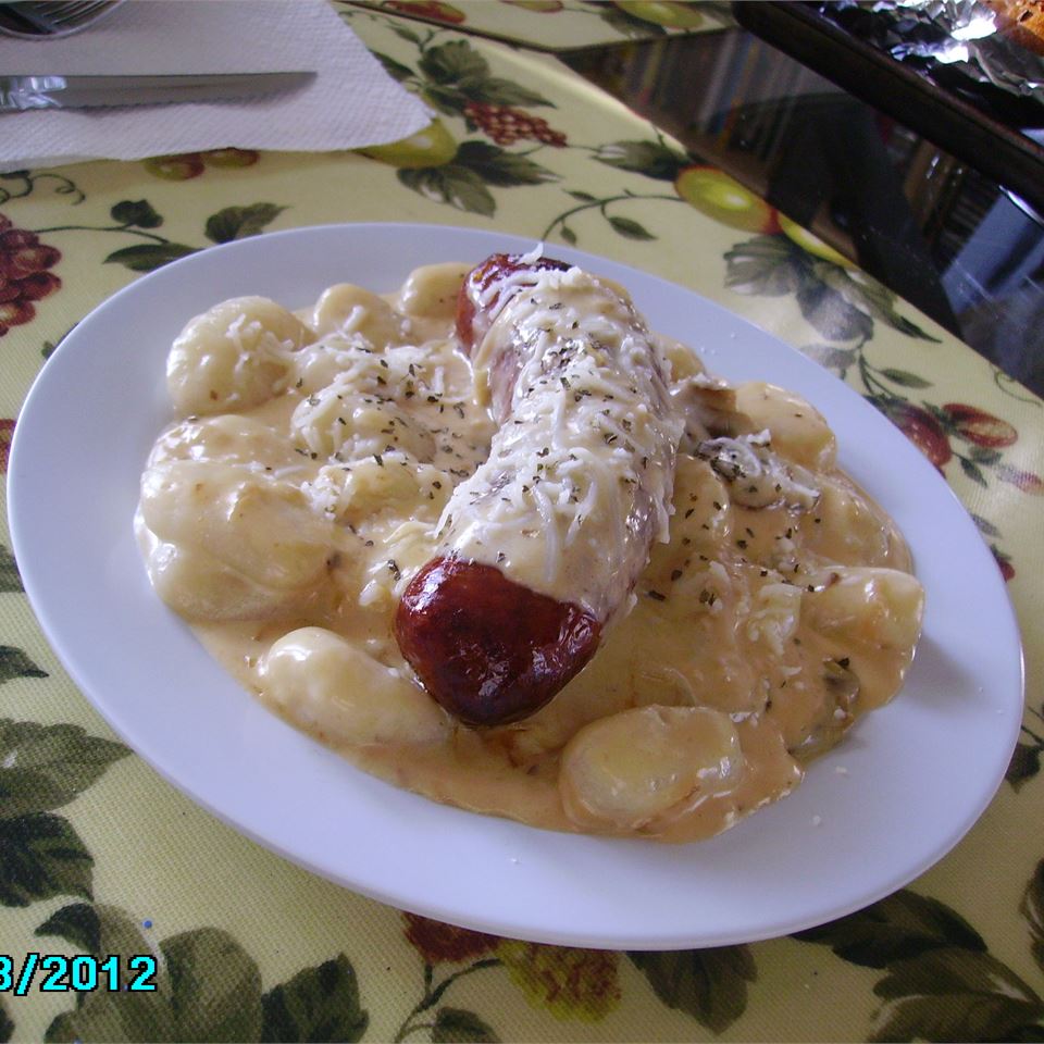 Bangers and Gnocchi with a Roasted Shallot and Cheese Sauce_image