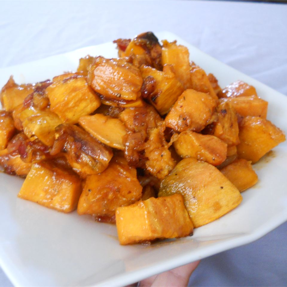 Maple Glazed Sweet Potatoes with Bacon and Caramelized Onions image