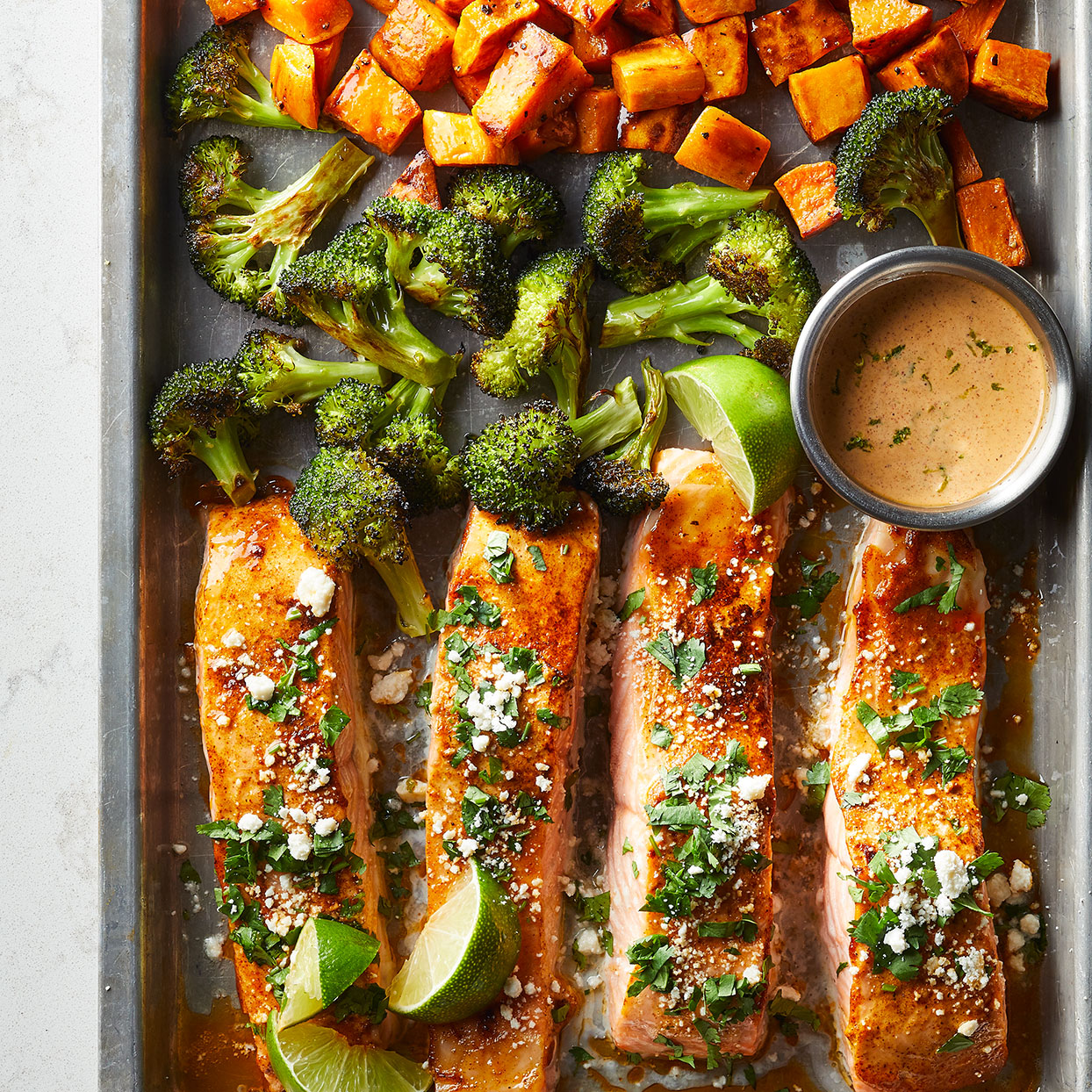 Sheet Pan Salmon With Sweet Potatoes Broccoli Recipe Eatingwell