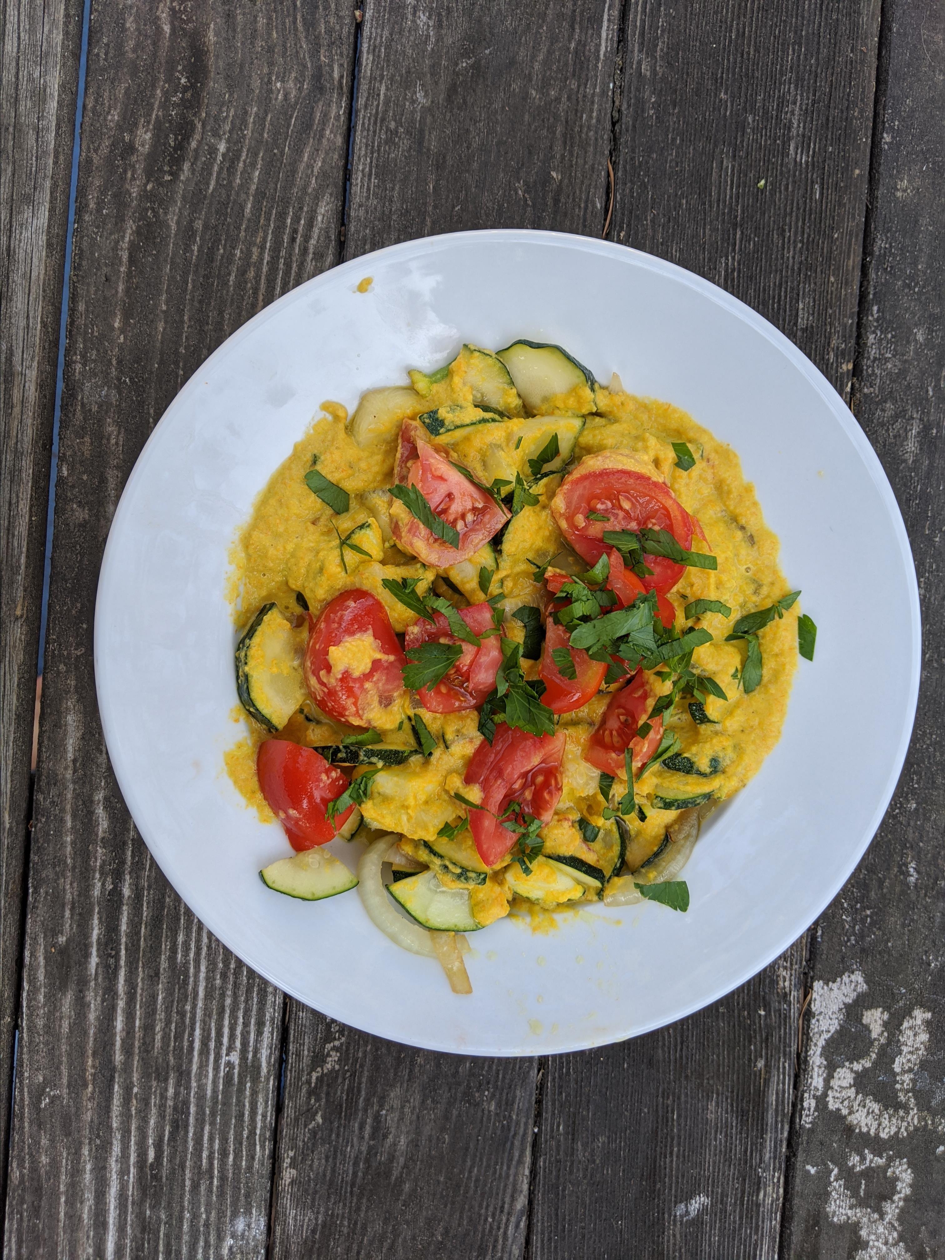 Zucchini with Pumpkin Blossom Cream Sauce and Tomatoes_image