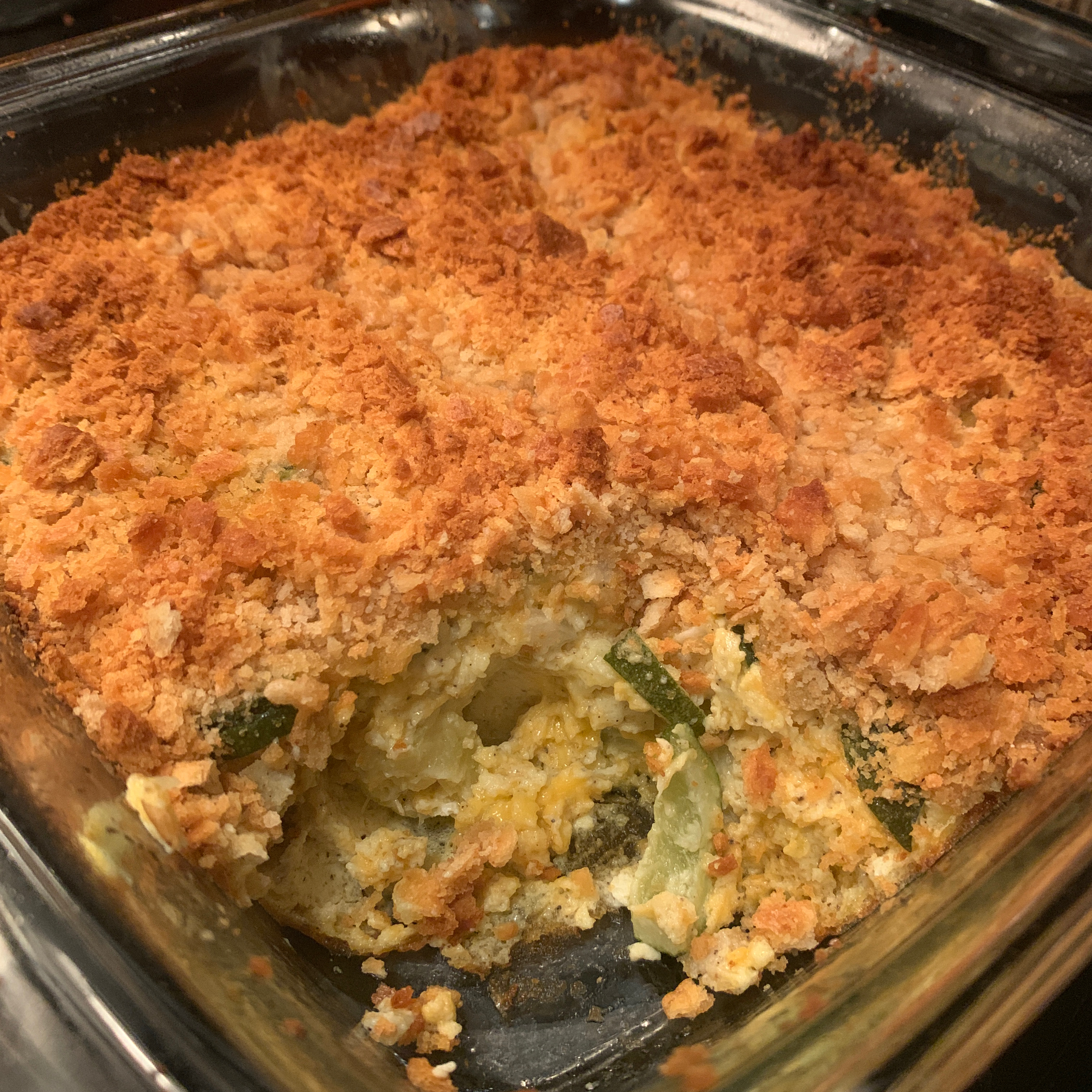 zucchini casserole with mayo and ritz cracker topping