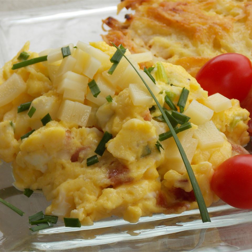 Green Garlic and Ham Scrambled Eggs with Cheese image