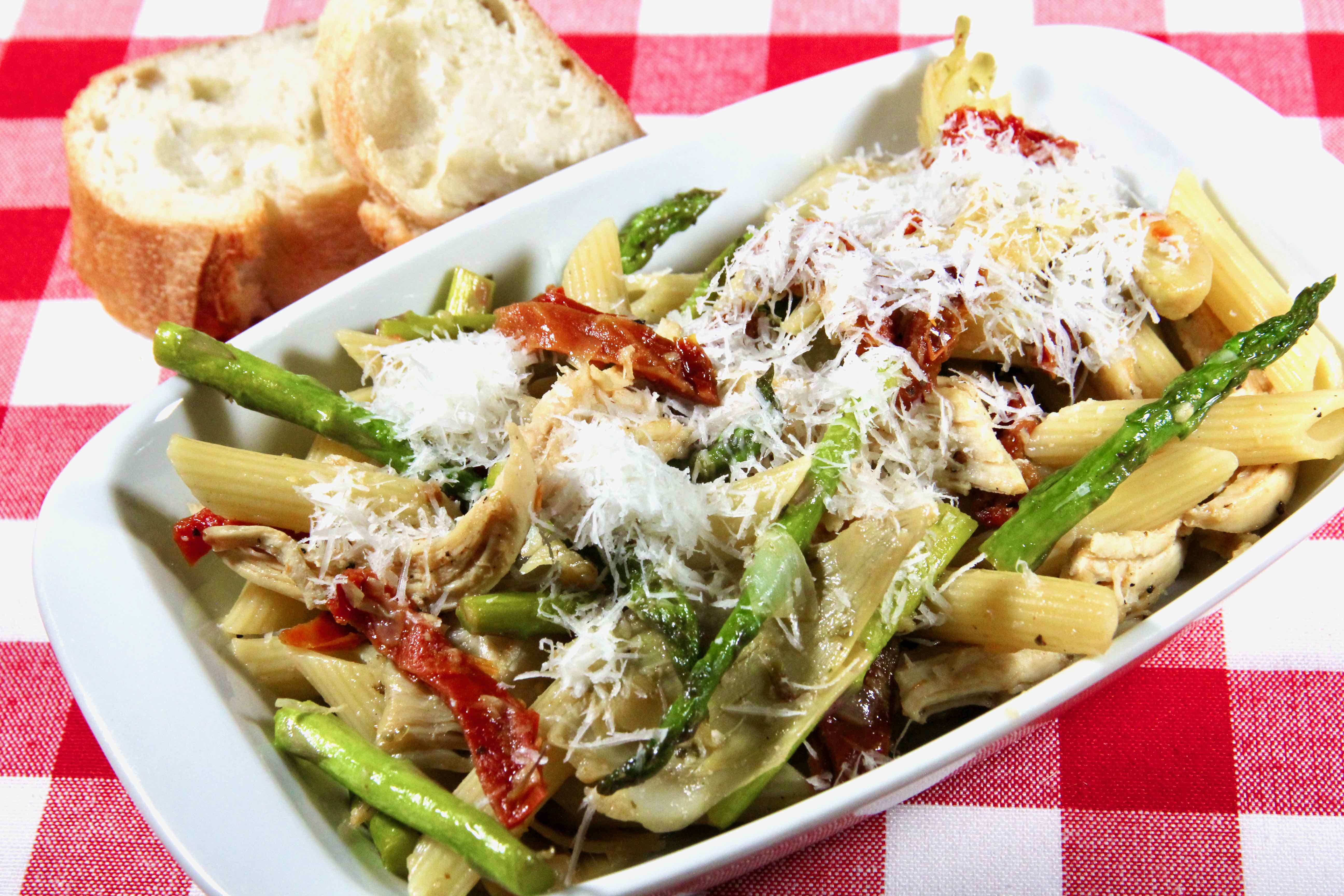 Chicken Penne with Asparagus, Sun-dried Tomatoes, and Artichoke Hearts image