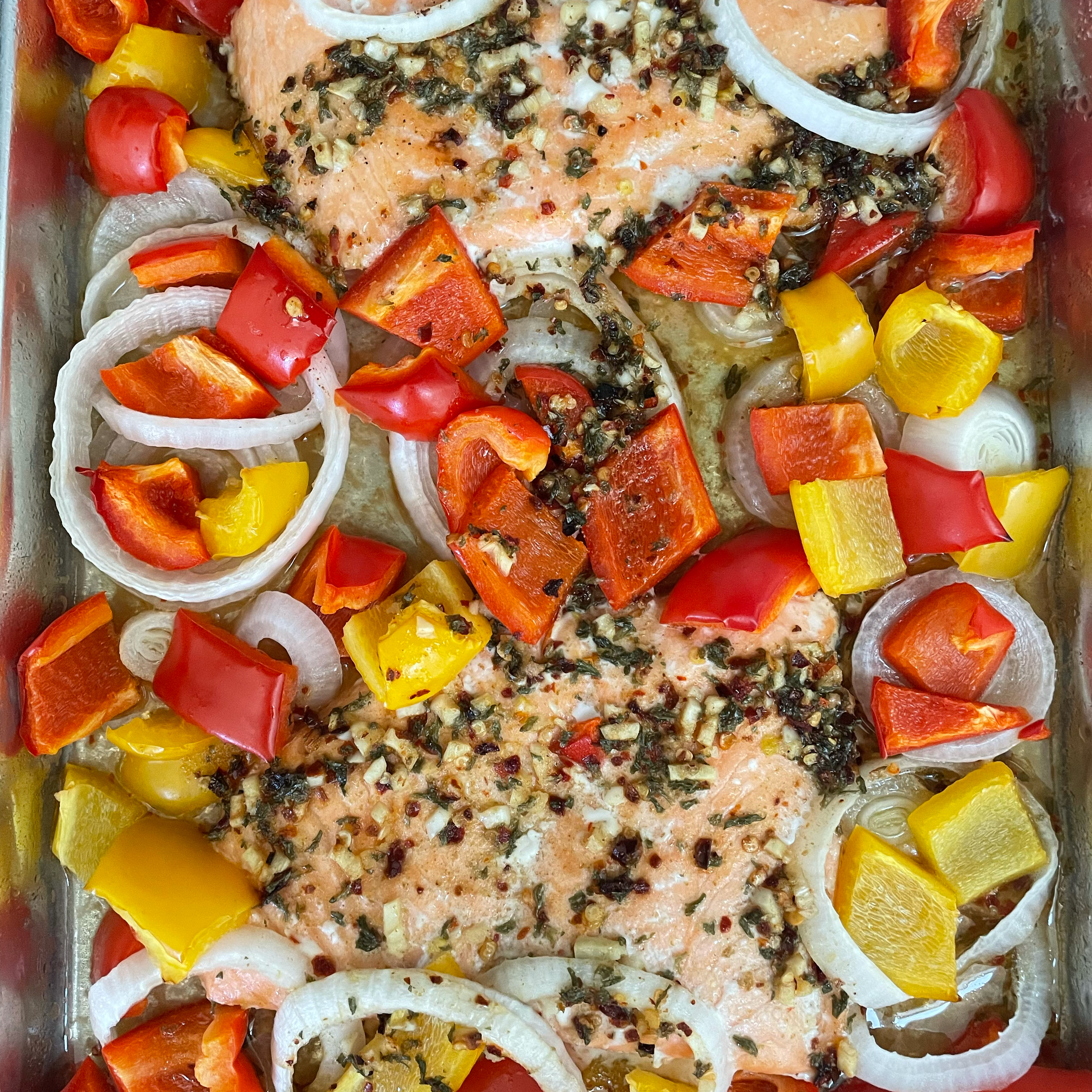 Sheet Pan Salmon and Bell Pepper Dinner image