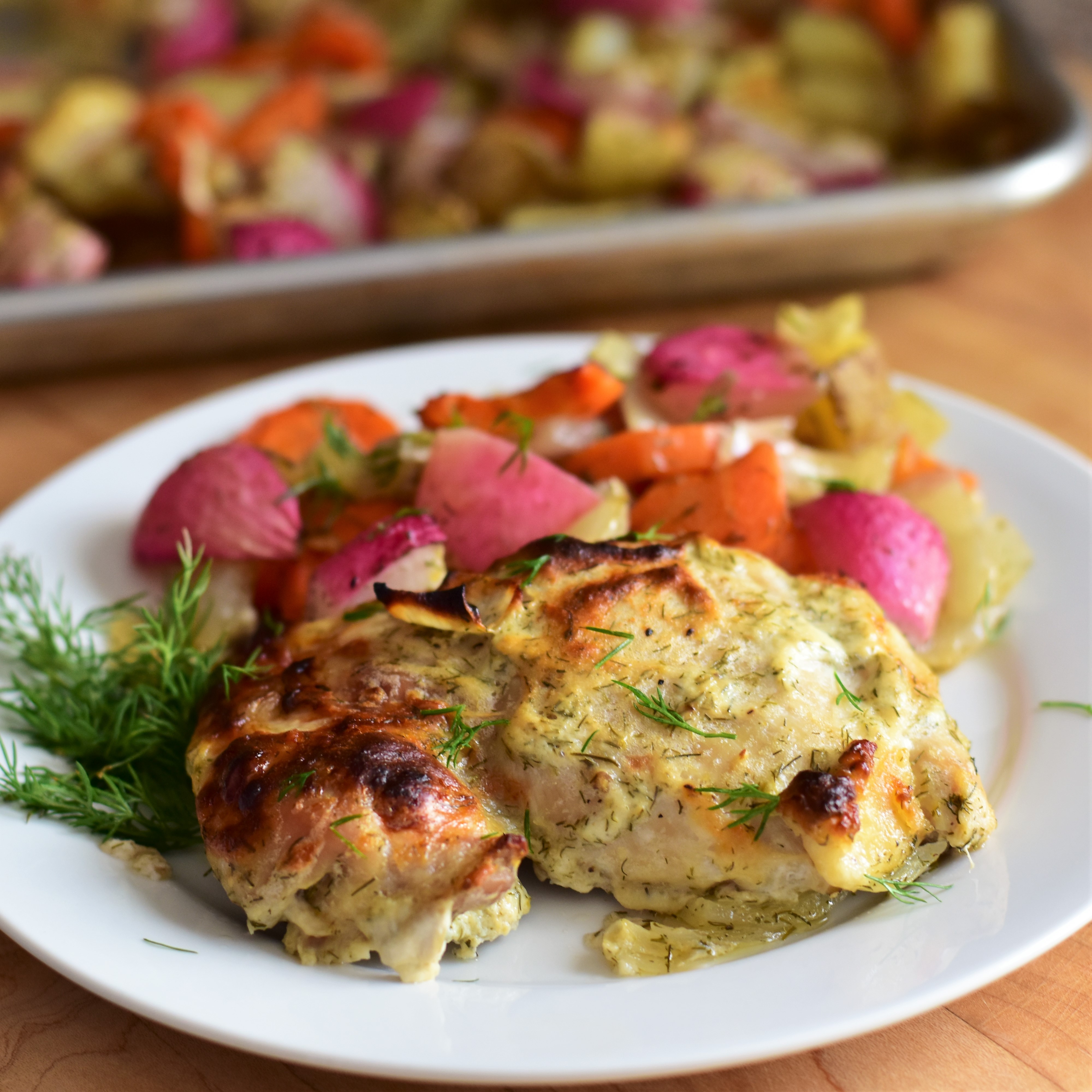 Lemon, Yogurt, and Dill Chicken Thighs with Roasted Veggies image