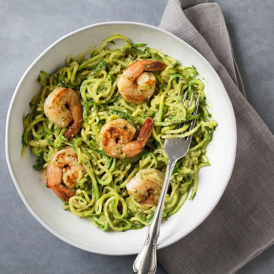 Zucchini Noodles with Avocado Pesto & Shrimp Recipe 