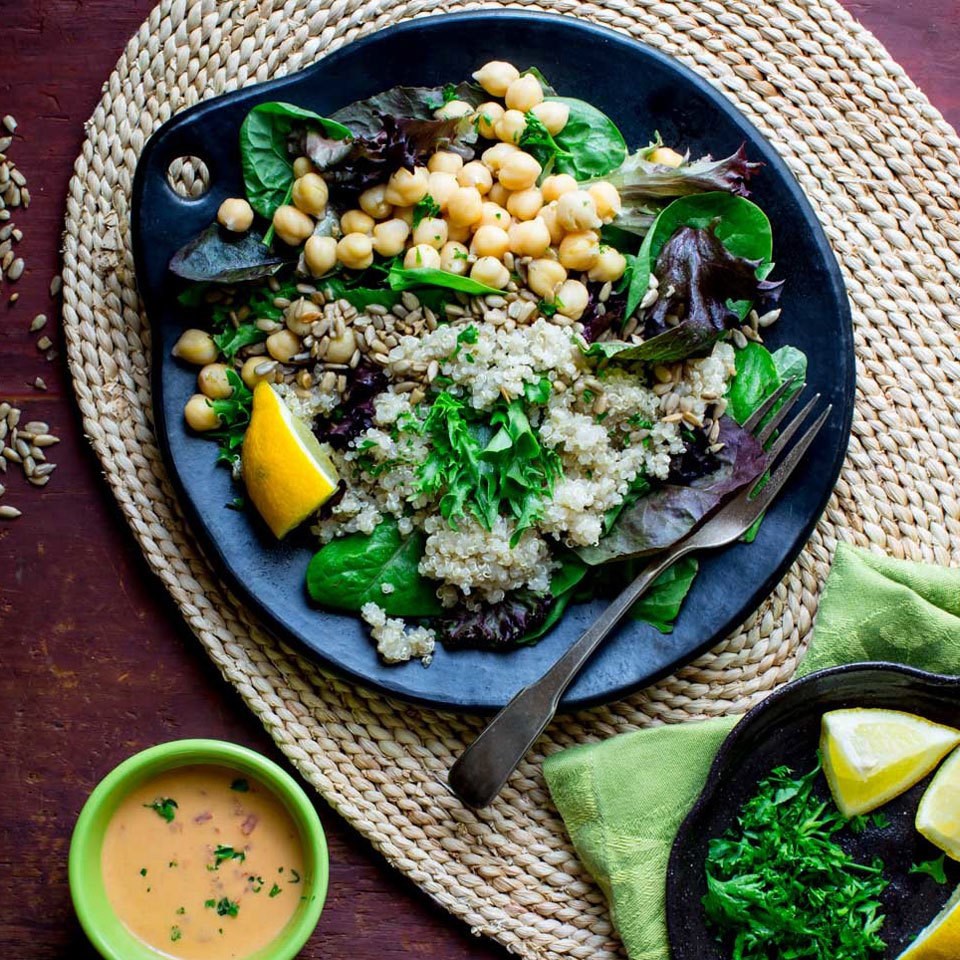 Quinoa Chickpea Salad with Roasted Red Pepper Hummus Dressing Recipe ...