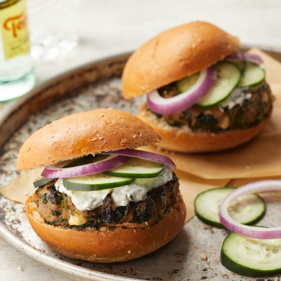 Greek Turkey Burgers With Spinach Feta Tzatziki Recipe Eatingwell