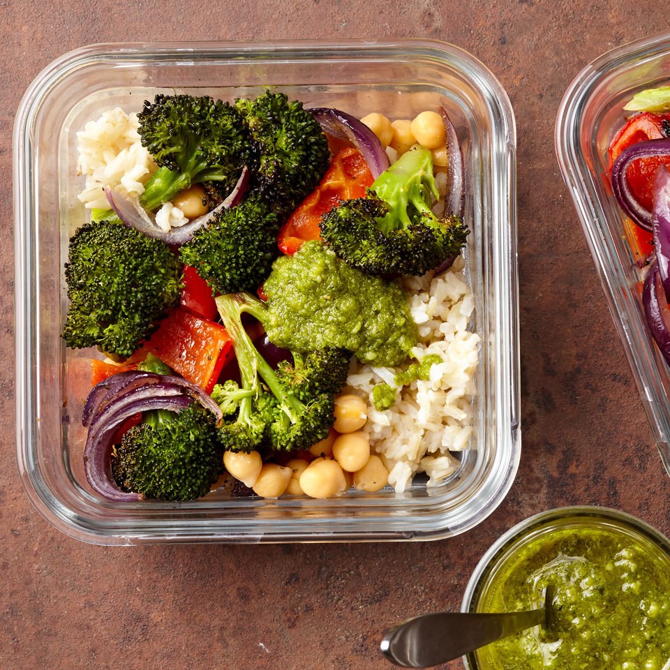 Meal-Prep Roasted Vegetable Bowls with Pesto Recipe - EatingWell