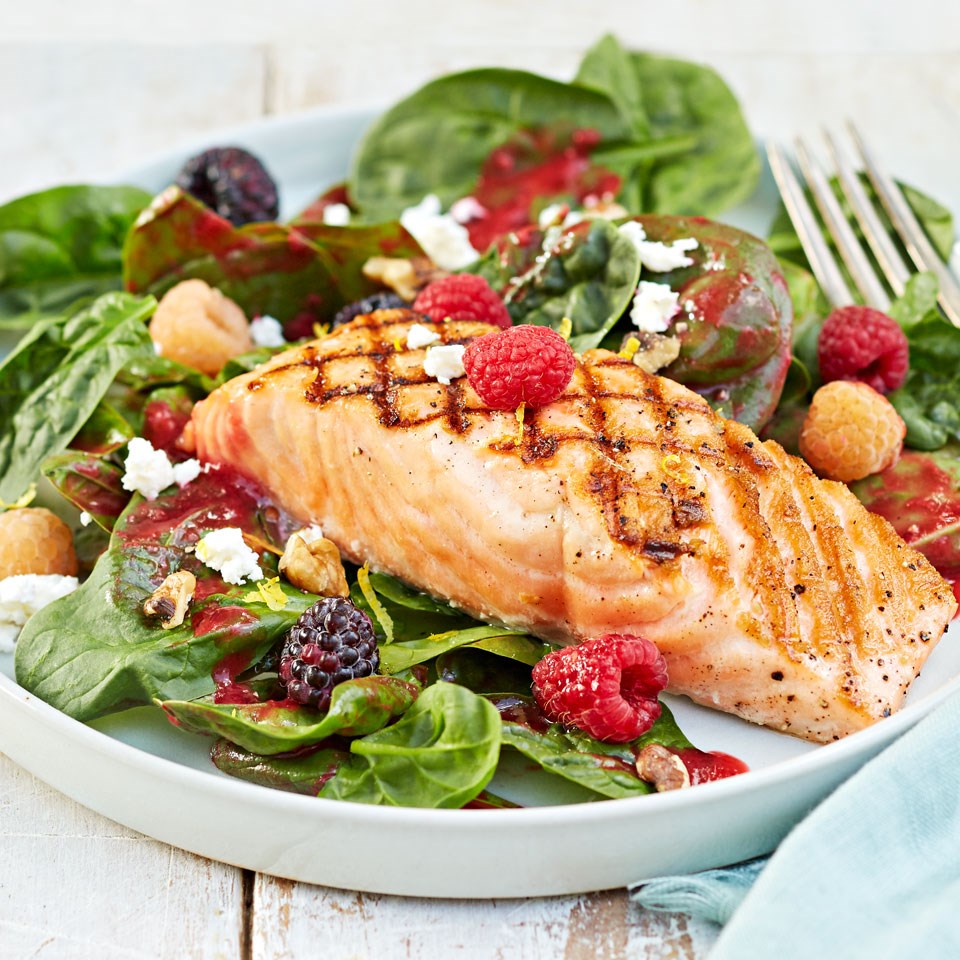 Grilled Salmon Salad with Raspberry Vinaigrette Recipe - EatingWell