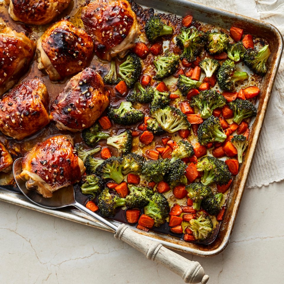 Honey-Garlic Chicken Thighs with Carrots & Broccoli Recipe - EatingWell